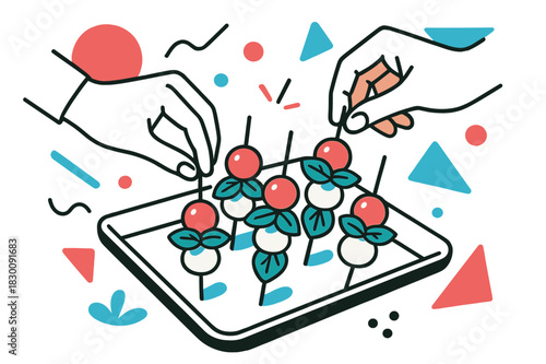 Caprese Skewers Artistry. Caprese Skewers. Hands arranging caprese skewers on a serving tray with floating abstract geometric shapes, fresh and vibrant moment.