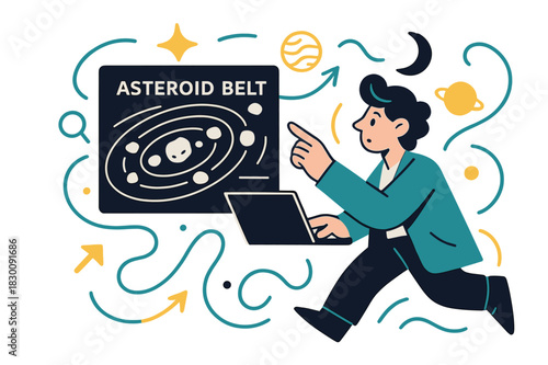 Asteroid Belt Discovery. Asteroid belt studies. Astronomer analyzing asteroid belt data on digital screens with abstract floating orbit paths and celestial