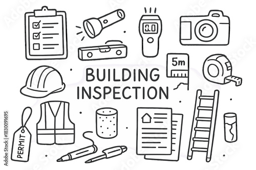 Building Inspection Tools. Building inspection. Hand-drawn doodle illustration building inspection clipboard, checklist, flashlight, moisture meter, spirit