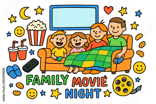 Family Movie Night. Family movie night. Colorful Hand-drawn doodle Children illustration Family movie night popcorn bowl, TV screen, couch, blanket, remote