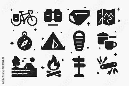 Coastal Bike Touring Icons. Scenic bike touring by the sea. Solid icons set of Scenic bike touring by the sea: touring bike, pannier bags, frame bag, map,