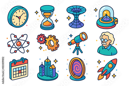 Time Physics Icons. Physics of time. Colorful isometric vector icons set of physics of time: clock, hourglass, wormhole, time machine, quantum particles,