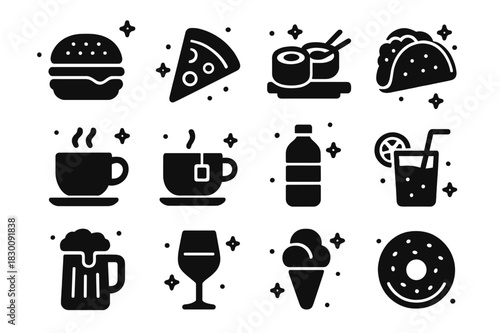 Food Icons Grid. Food and Beverages. Solid icons set of Food and Beverages: burgers, pizzas, sushi, tacos, coffee, tea, water, juice, beer, wine, ice cream,
