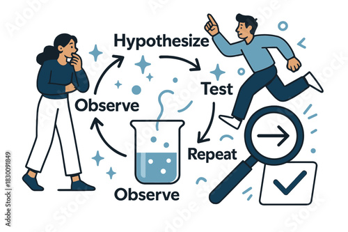 Scientific Method Cycle. Scientific method. A looped flow from ?Observe > Hypothesize > Test > Repeat? circles a beaker; checkmarks pop like stars. A