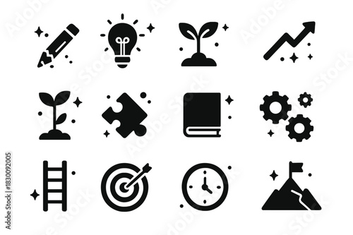 Embracing Growth Icons. Learning from Mistakes. Solid icons set of Learning from Mistakes: broken pencil, light bulb, plant sprout, upward arrow, seedling,
