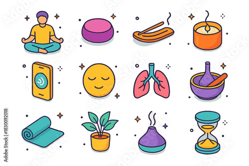 Meditation Icon Set. Meditating or practicing deep breathing. Colorful isometric vector icons set of meditating or practicing deep breathing: person in lotus