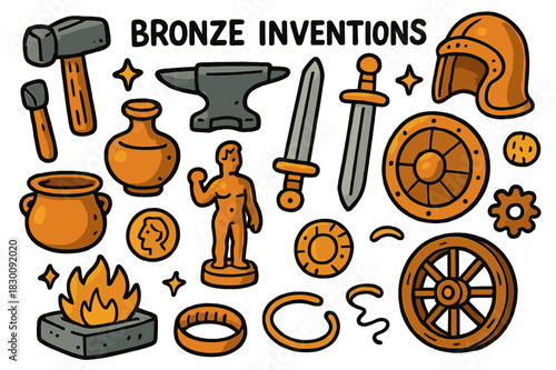 Bronze Age Doodles. Bronze inventions. Colorful Hand-drawn doodle Children illustration Bronze inventions bronze tools, hammer, chisel, anvil, sword, shield,