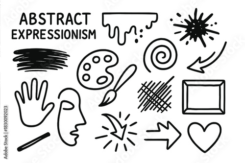 Abstract Expressionist Doodles. Abstract expressionism. Hand-drawn doodle illustration abstract expressionism dripping paint, splatter, brush, canvas, palette,
