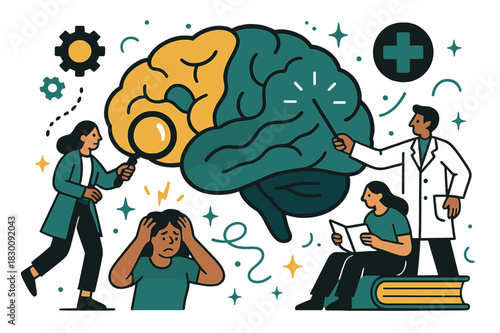Dynamic Brain Illustration. Brain disorders and conditions. Illustration of brain with highlighted regions and abstract floating lines, icons, and sparkles;