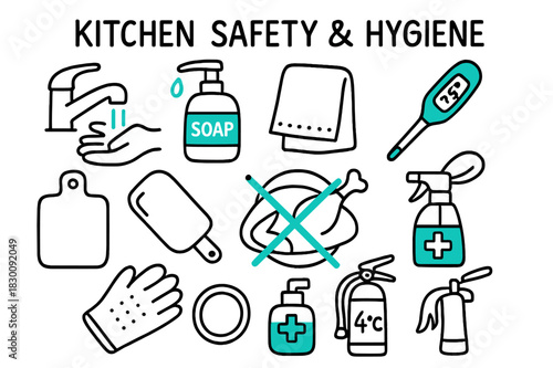 Kitchen Safety Essentials. // Kitchen safety & hygiene. Hand-drawn doodle illustration Kitchen safety & hygiene [handwashing tap (accented), soap dispenser