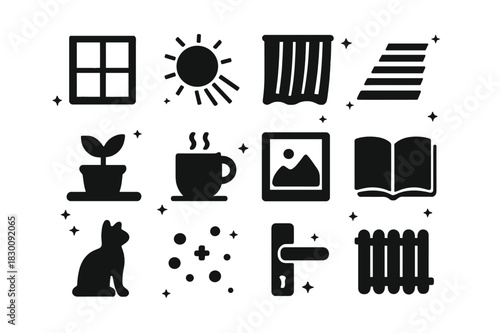 Window Light Icons. Window Light. Solid icons set of Window Light: window frame, sunbeam, sheer curtain, shadow stripes, windowsill plant, coffee mug, picture