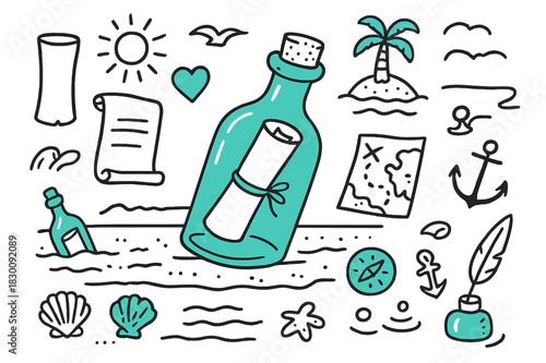 Ocean Message Doodle. // Message in a bottle. Hand-drawn doodle illustration message in a bottle [bottle with note (accented), ocean wave (accented), seagull,
