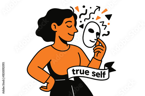 Mask & Reveal. Conceptual Portrait ? Mask & Reveal. The subject lifts a minimal mask; confetti shapes drift out like released thoughts. Ribbon text: ?true