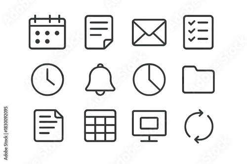 Productivity Apps Icons. Productivity Apps. Line icon set of Productivity Apps: calendar, notes, email, task checklist, clock, reminder bell, pie chart, file
