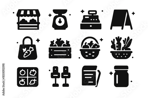 Organic Market Icons. Farmers market with organic produce. Solid icons set of Farmers market with organic produce: market stall, weighing scale, cash box,