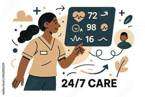 Remote Health Monitoring. Healthcare Tech ? Remote Monitoring. A nurse watches a floating dashboard with live vitals; thin pulse lines connect to a patient
