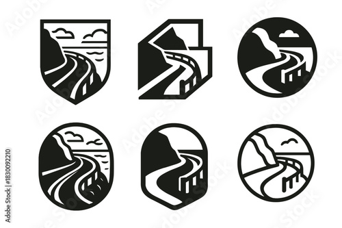 Coastal Road Logo Variations. Coastal country road. Set Logo of Coastal country road: cliffside guardrail. harmonious logo variations of the same emblematic