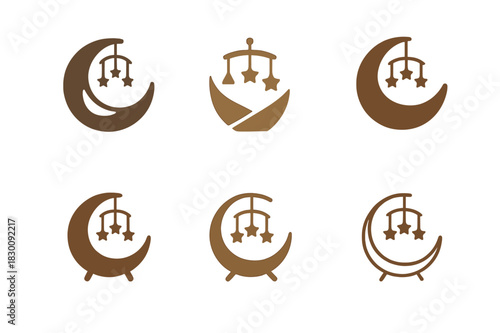 Crescent Cradle Logos. Baby nursery decor. Set Logo of Baby nursery decor: crescent cradle and star mobile. harmonious logo variations of the same emblematic
