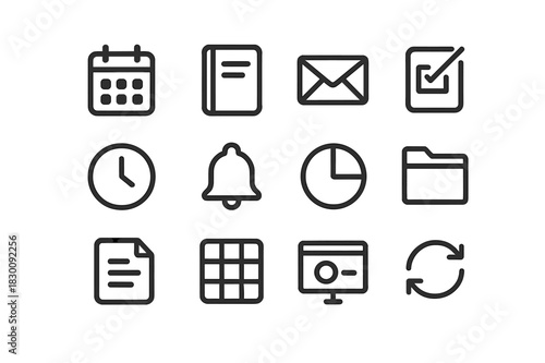 Productivity Apps Icons. Productivity Apps. Line icon set of Productivity Apps: calendar, notes, email, task checklist, clock, reminder bell, pie chart, file