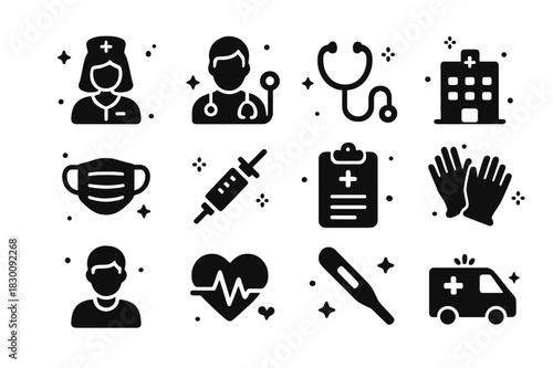 Healthcare Icon Set. Healthcare Support. Solid icons set of Healthcare Support: nurse, doctor, stethoscope, hospital, medical mask, syringe, clipboard, gloves,