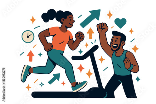 Dynamic Workout Motivation. Workout motivation. Personal trainer cheering client during cardio session with abstract floating arrows, icons, and sparkles;
