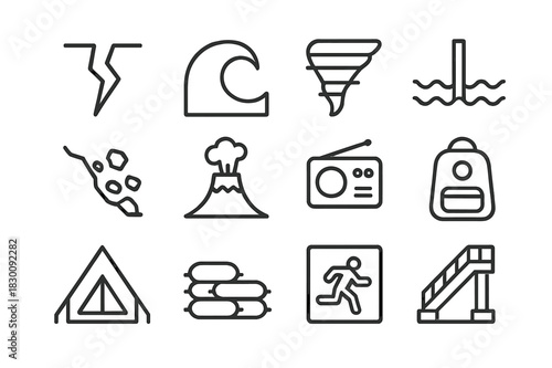 Natural Disaster Icons. Natural Disaster Response. Line icon set of Natural Disaster Response: earthquake crack, tsunami wave, tornado funnel, flood level
