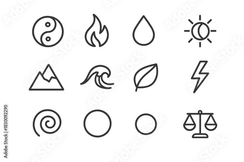 Harmony Icon Set. Two opposing forces in harmony. Line icon set of two opposing forces in harmony: yin-yang symbol, fire, water, sun, moon, mountain, ocean