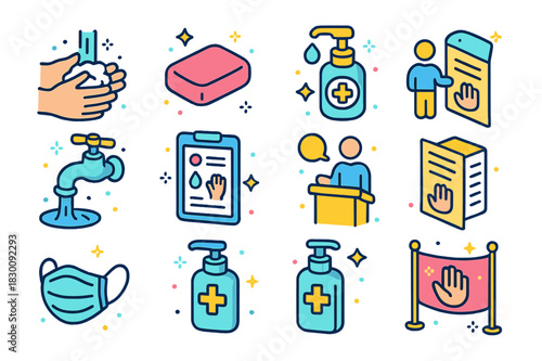 Hygiene Education Icons. Personal hygiene education. Colorful isometric vector icons set of personal hygiene education: handwashing, soap, sanitizer,