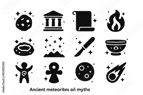 Ancient Meteorites Icons. Ancient meteorites and myths. Solid icons set of Ancient meteorites and myths: glowing stone, temple altar, ancient scroll, flame