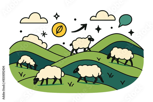 Pastoral Fantasy. Rolling hills. Herd of sheep grazing on rolling hills with abstract floating icons, clouds, and sparkles; conveys pastoral life, nature, and