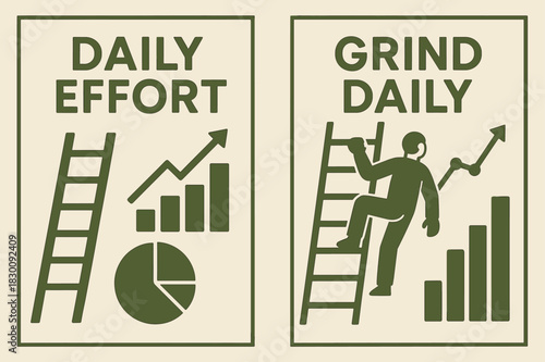 Geometric Work Banners. Daily effort. Two vertical A6 banners with safe margins, centered composition, no elements touching edges, geometric, olive green and