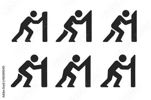 Geometric Icon Grid. Push. Set Logo of Action Icon: Filled silhouette, Abstract geometric, Negative space, Symmetrical form, Stylized detail, Iconic shape.