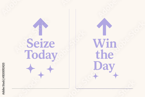 Seize and Win. Seize today. Two vertical A6 banners with safe margins, centered composition, no elements touching edges, minimal, lavender and cream, objects