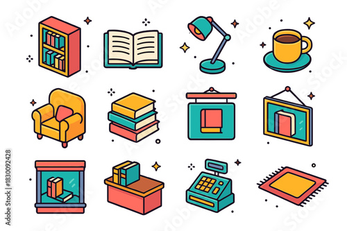 Colorful Book Haven Icons. Book haven. Colorful isometric vector icons set of book haven: bookshelf, open book, reading lamp, coffee cup, armchair, book stack,