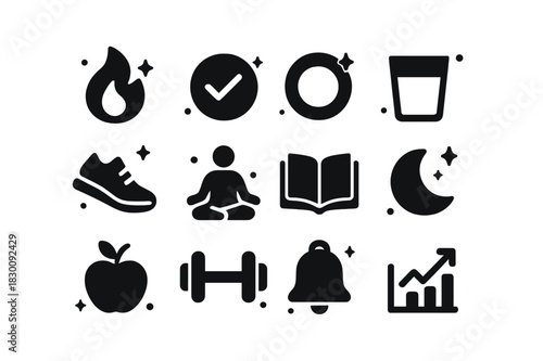 Habit Tracker Icons. Habit Tracking Reminders. Solid icons set of Habit Tracking Reminders: streak flame, daily check, habit ring, water glass, steps shoe,