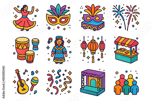 Cultural Festival Icons. Cultural festivals. Colorful isometric vector icons set of cultural festivals: traditional dance, festival mask, parade float,