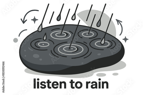 Rainfall on Pebbles. Pebble ? Rain Pattern. Ripples overlap across a flat stone surface; droplets fall in calm rhythm. Caption ?listen to rain?. Modern flat