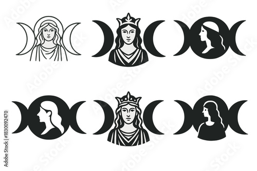 Mythical Deity Emblems. Ancient gods and goddesses in a mystical landscape. Set Logo of Ancient gods and goddesses in a mystical landscape: Hecate triple moon.