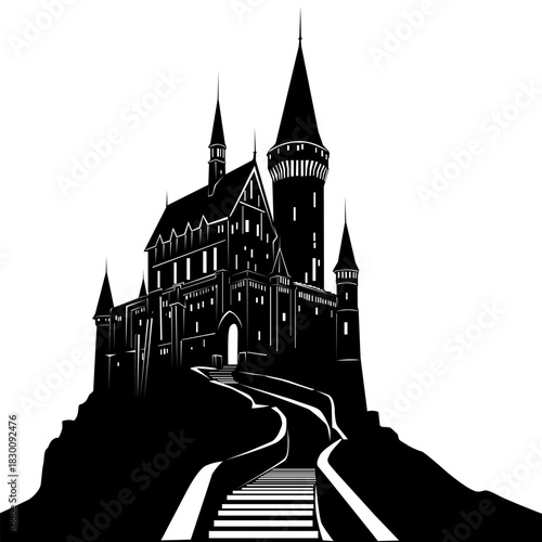 
An old castle in the mountains with a road leading to the gates. Vector illustration of a black silhouette on a white background. For your designs in an old architectural style.