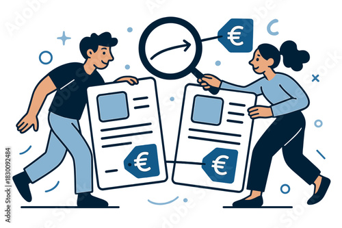 Dynamic Price Comparison. Shopping Habits ? Price Comparison. Two product cards tilt side by side; tags ??? glide into alignment. A magnifier traces a neat