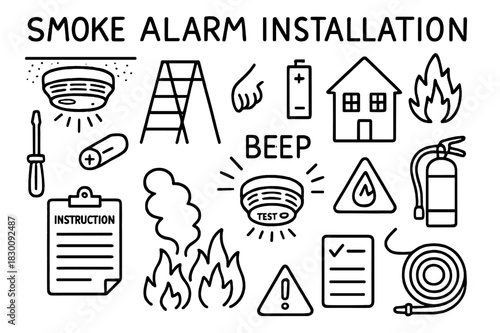 Smoke Alarm Setup. Smoke Alarm Installation. Hand-drawn doodle illustration Smoke Alarm Installation smoke detector, screwdriver, ladder, ceiling, battery,