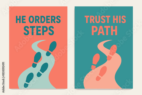 Guided Footsteps. Guided Steps. Two vertical A6 banners with safe margins, centered composition, no elements touching edges, modern, coral and teal,