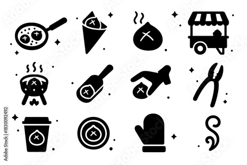 Roasted Chestnuts Icons. Roasted Chestnuts. Solid icons set of Roasted Chestnuts: chestnut pan, chestnut cone bag, steaming chestnut, street cart, charcoal