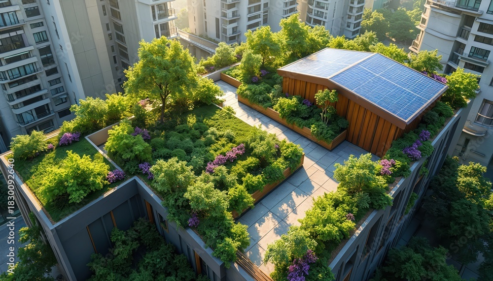 Obraz premium Aerial view of modern city building rooftop. Features green garden, solar panels. Panels generate clean power for structure. Urban landscape shows eco-friendly living green spaces integrate
