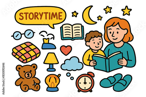 Storytime Dreams. Storytime moments. Colorful Hand-drawn doodle Children illustration Storytime moments open book, glasses, moon, stars, blanket, stuffed bear,