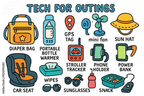 Outing Essentials Icons. Tech for outings. Colorful Hand-drawn doodle Children illustration Tech for outings diaper bag, portable bottle warmer, GPS tag, mini