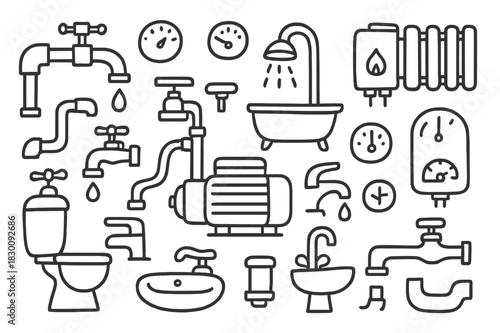 Plumbing Doodle Icons. Hand-drawn doodle illustration. Hand-drawn doodle illustration Water pump illustration, pipes, valves, faucets, toilets, sinks, showers,