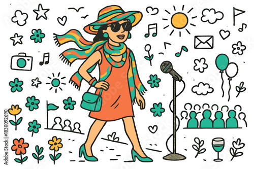Colorful Fashion Extravaganza. Fashion design. A model wearing a bold and colorful outfit at an outdoor event. Hand-drawn doodle illustration A model wearing a