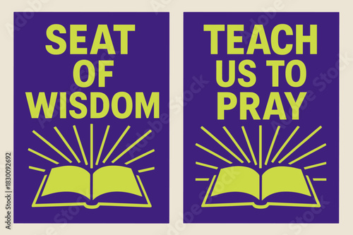 Seat of Wisdom Banners. Seat of Wisdom. Two vertical A6 banners with safe margins, centered composition, no elements touching edges, brutalist, royal purple