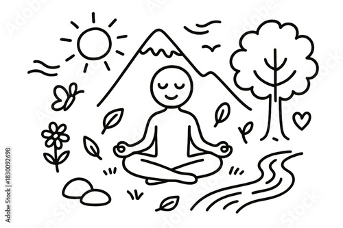 Outdoor Meditation Doodle. Meditation outdoors. Hand-drawn doodle illustration meditation outdoors lotus pose figure, mountain, tree, sun, bird, calm face,